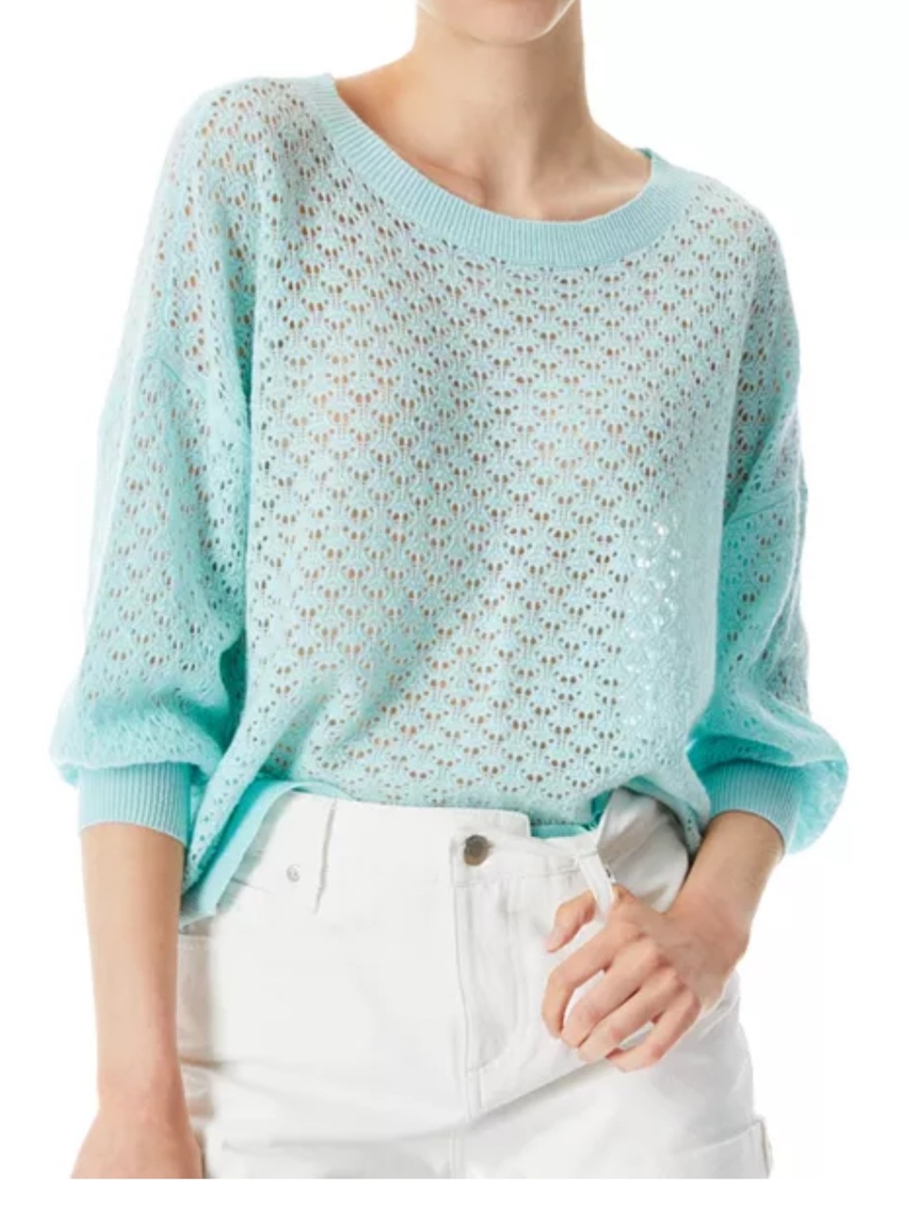 Alice and Olivia saffi easy pointelle cashmere blue sweater extra small